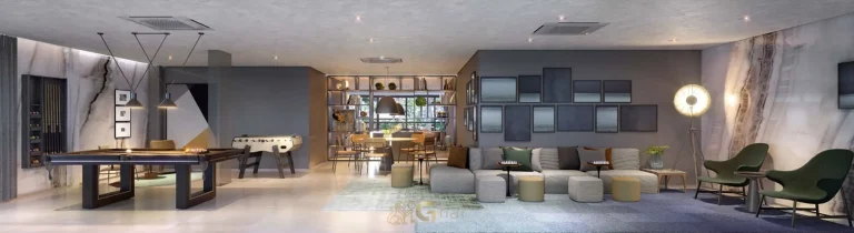 Chillout lounge com sofás e iluminação suave em apartamentos em Higienópolis, São Paulo