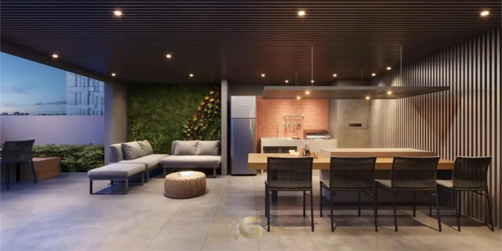 Churrasqueira com lounge externo do condomínio Urban Park Aclimação no bairro da Aclimação em São Paulo