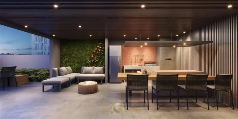 Churrasqueira com lounge externo do condomínio Urban Park Aclimação no bairro da Aclimação em São Paulo