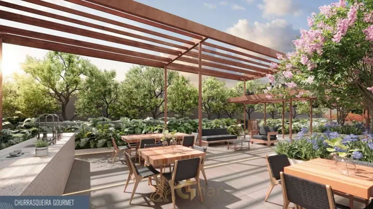 Churrasqueira gourmet no terraço em condomínio residencial em Higienópolis, na Zona Oeste de São Paulo