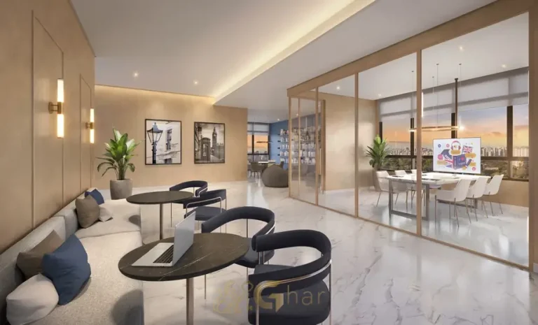 Coworking com estações de trabalho do condomínio Alive Home Resort no bairro da Vila Prudente, São Paulo