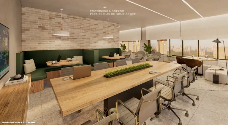 Coworking com estações de trabalho do condomínio Ledge Brooklin no bairro do Brooklin em São Paulo