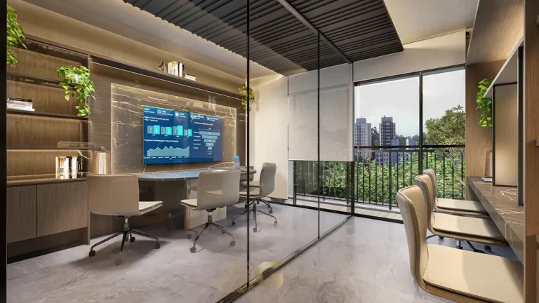 Coworking em outro ângulo em condomínio residencial no bairro do Paraíso, na Zona Sul de São Paulo