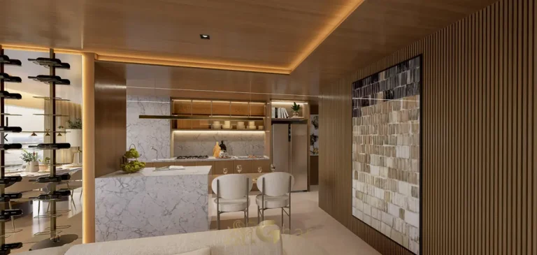 Cozinha americana com ilha do apartamento decorado de 122 m² do condomínio Core Klabin no bairro da Chácara Klabin, São Paulo