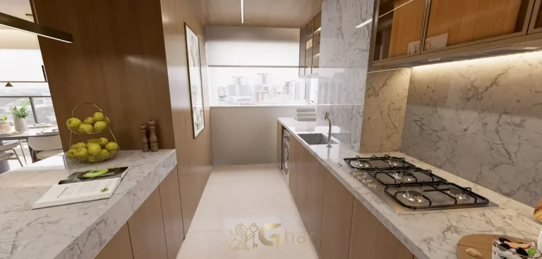 Cozinha equipada com marcenaria sob medida do apartamento decorado de 122 m² do condomínio Core Klabin no bairro da Chácara Klabin, São Paulo