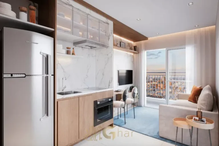 Cozinha americana com bancada e marcenaria em apartamentos no bairro de Santana, São Paulo