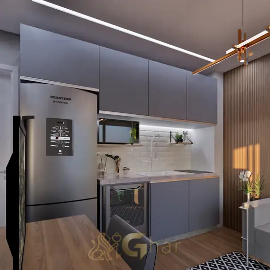 Cozinha integrada à sala do studio decorado em condomínio residencial no Paraíso, na Zona Sul de São Paulo