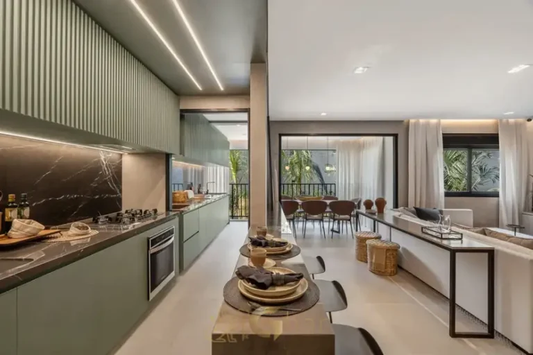 Cozinha do apartamento decorado em condomínio residencial no bairro do Alto da Lapa, na Zona Oeste de São Paulo