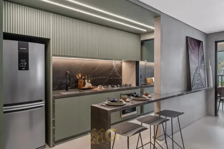 Cozinha aberta do apartamento decorado do condomínio Villa Pio no bairro do Alto da Lapa, São Paulo