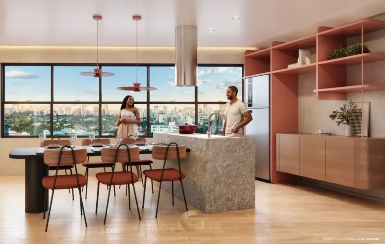 Espaço gourmet com cozinha integrada em condomínio residencial no bairro da Bela Vista, no Centro de São Paulo