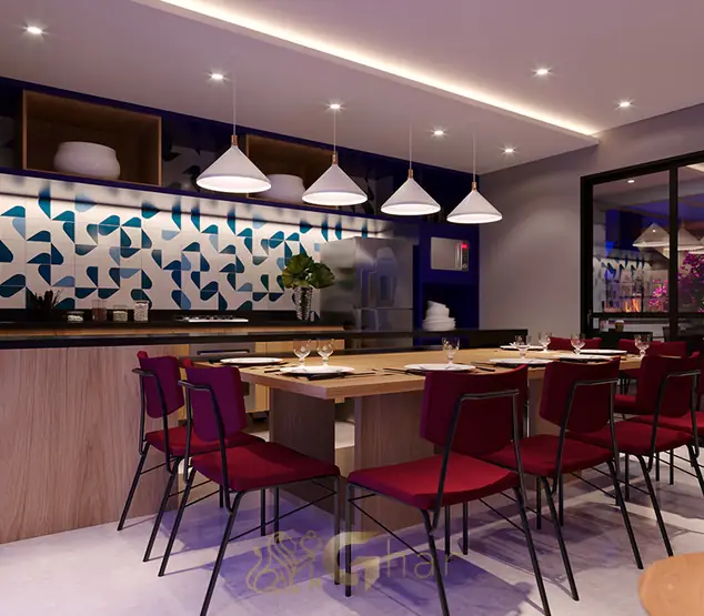 Espaço gourmet integrado à área de lazer em apartamentos no bairro da Vila Prudente, São Paulo