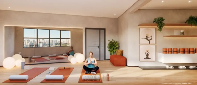 Espaço yoga com piso flutuante do condomínio RYT Paulista no bairro da Bela Vista, São Paulo