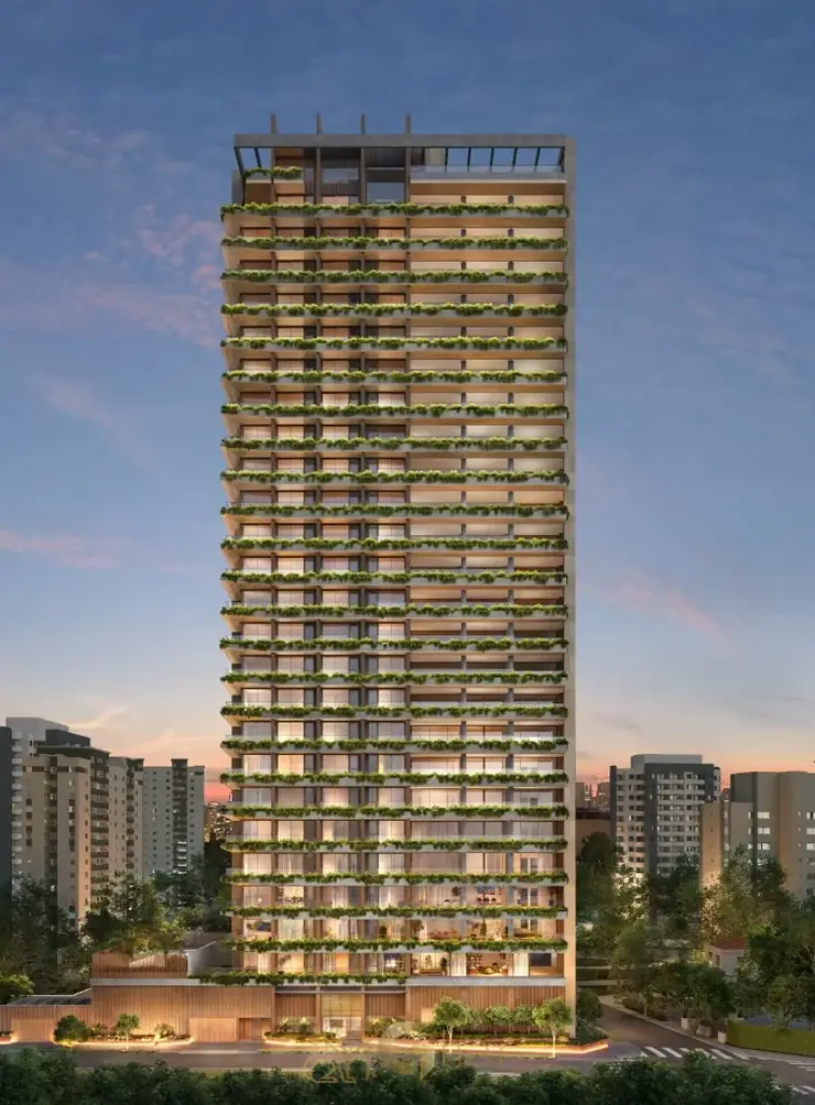 Vista frontal da fachada exclusiva em apartamentos de luxo na Vila Nova Conceição, São Paulo