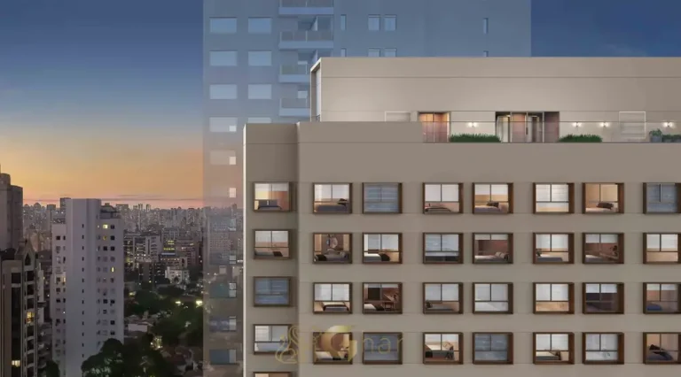 Detalhe da fachada com volumetria moderna em condomínio residencial no bairro da Vila Nova Conceição, na Zona Sul de São Paulo