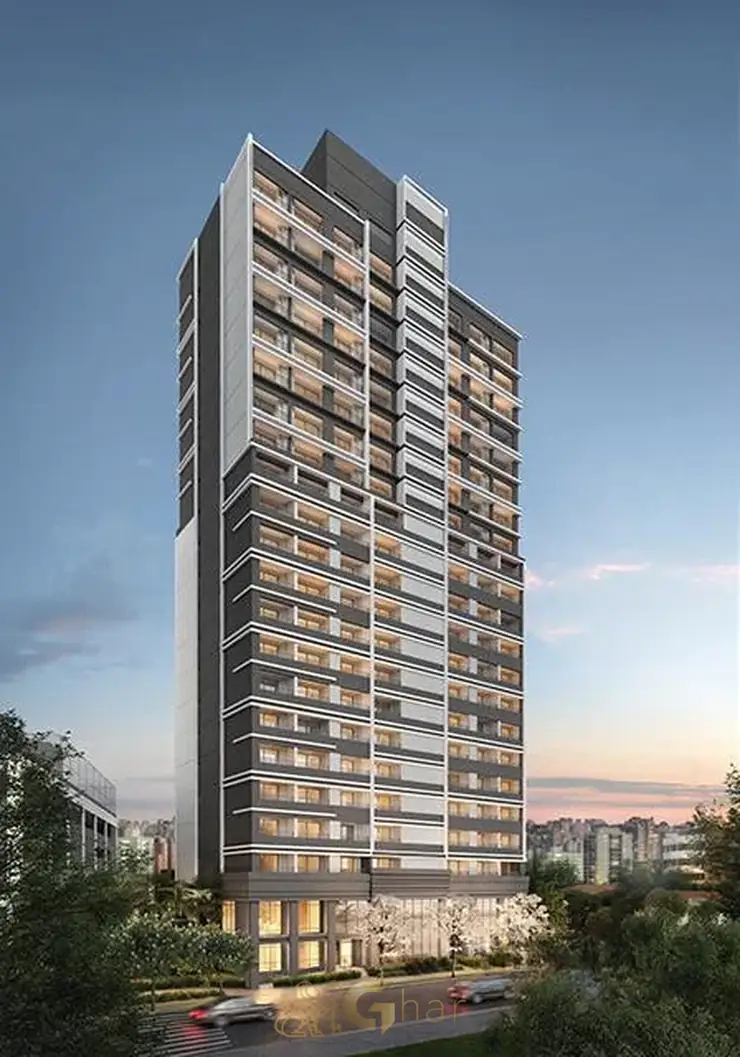 Fachada contemporânea do condomínio Green View Studios no bairro do Butantã, São Paulo