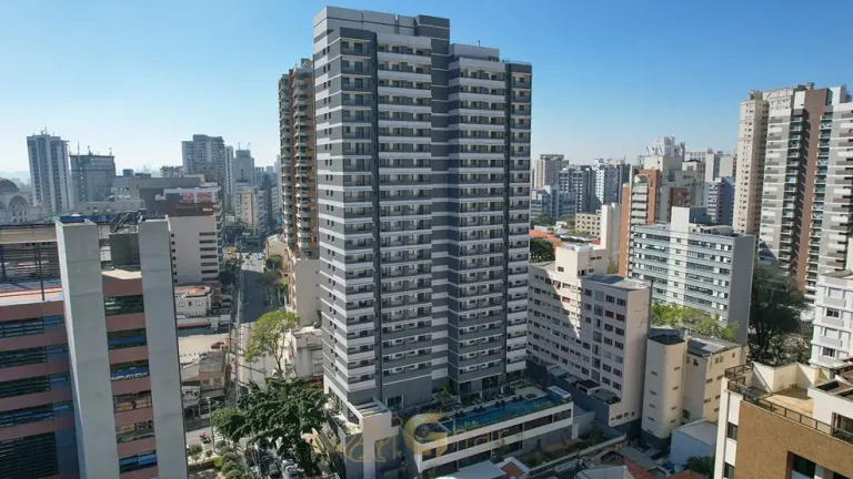 Vista frontal da fachada do condomínio Nex One Paraíso no bairro do Paraíso, São Paulo