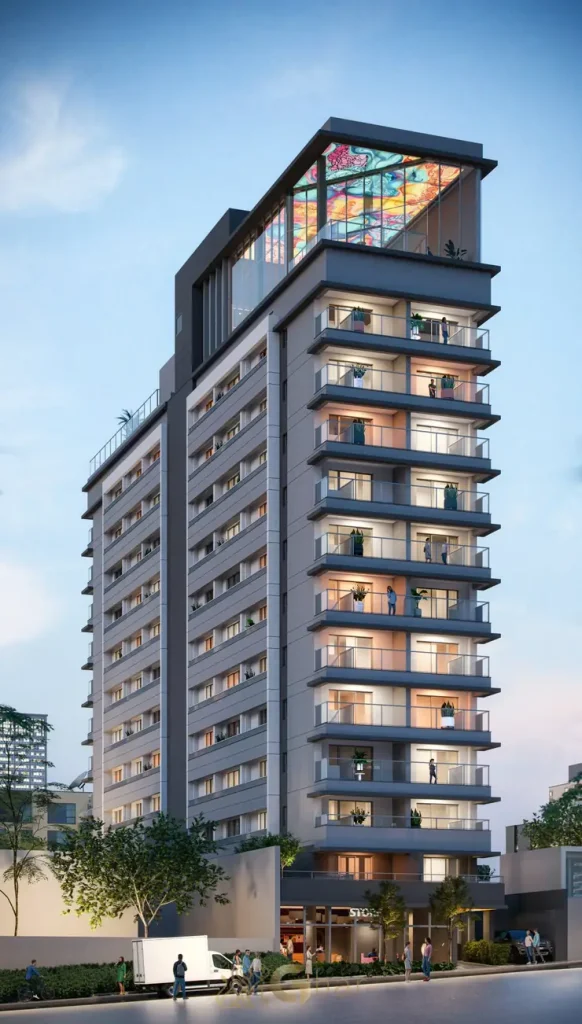 Fachada com varandas em studios na Bela Vista, São Paulo