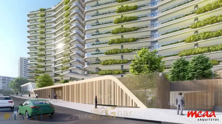 Perspectiva da fachada principal em condomínio residencial no bairro de Moema, na Zona Sul de São Paulo