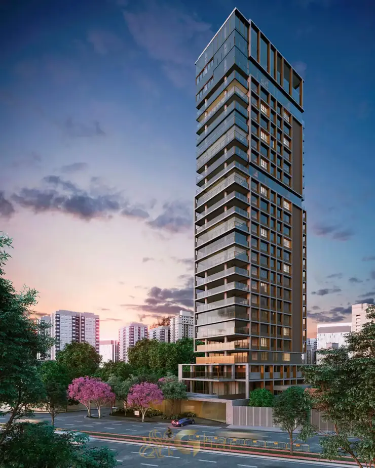 Fachada contemporânea em condomínio residencial no bairro da Vila Nova Conceição, na Zona Sul de São Paulo