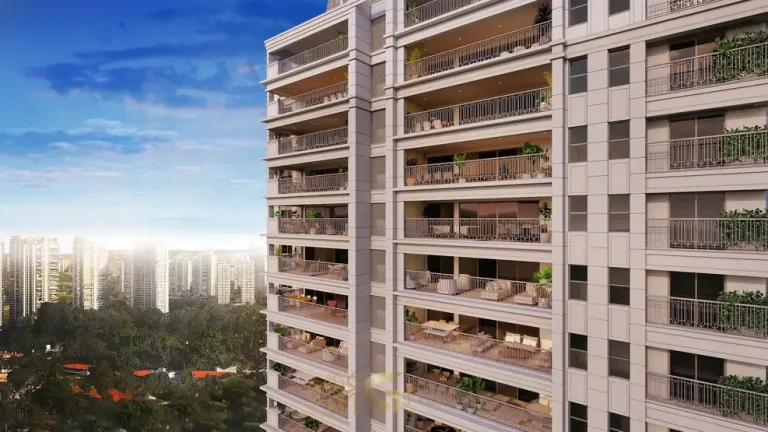 Varandas com guarda-corpo em ferro e acabamento bronze em apartamentos na Cidade Jardim, São Paulo