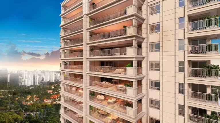 Varandas panorâmicas com guarda-corpo em ferro em apartamentos na Cidade Jardim, São Paulo
