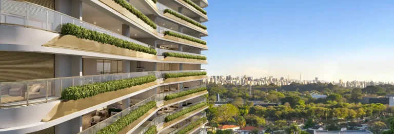 Fachada com varandas amplas em apartamentos no bairro de Moema, São Paulo