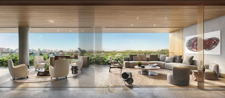Hall privativo do apartamento decorado de 500 m² do condomínio Bueno Brandão 257 na Vila Nova Conceição em São Paulo