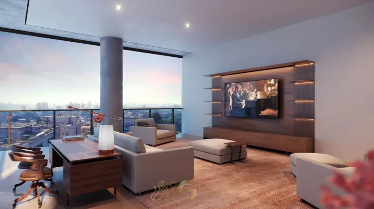 Home theater do triplex decorado em condomínio residencial no bairro da Vila Nova Conceição, na Zona Sul de São Paulo