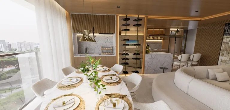Sala de jantar integrada ao living em apartamentos no bairro da Chácara Klabin, São Paulo