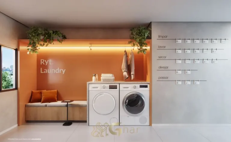 Lavanderia compartilhada dos smart studios do condomínio RYT Paulista no bairro da Bela Vista, São Paulo