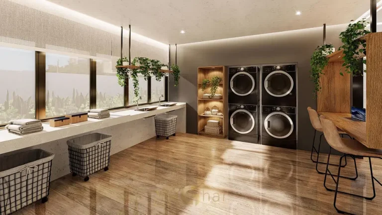 Lavanderia compartilhada (laundry) do condomínio Ledge Brooklin Studios no bairro do Brooklin em São Paulo