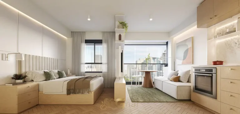 Living do apartamento de 1 dormitório do condomínio QG Faria Lima em Pinheiros, São Paulo