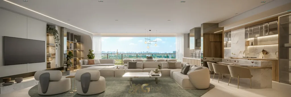 Living do apartamento decorado de 161 m² do condomínio Core Klabin no bairro da Chácara Klabin, São Paulo
