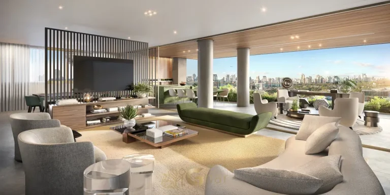 Living do apartamento decorado de 500 m² em condomínio residencial de luxo na Vila Nova Conceição, na Zona Sul de São Paulo
