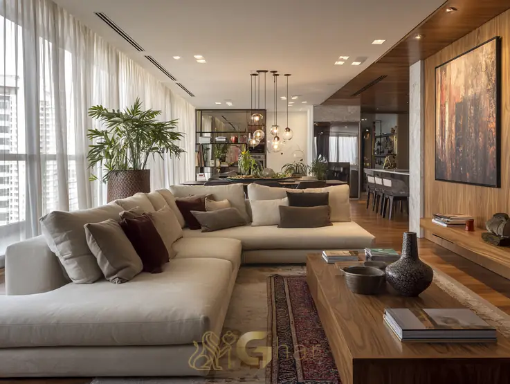 Living integrado do apartamento decorado em empreendimento de alto padrão no bairro do Butantã, na Zona Oeste de São Paulo