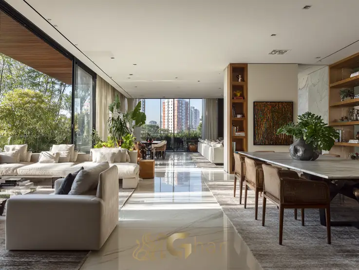 Living integrado do apartamento decorado em condomínio residencial no bairro do Alto da Boa Vista, na Zona Sul de São Paulo