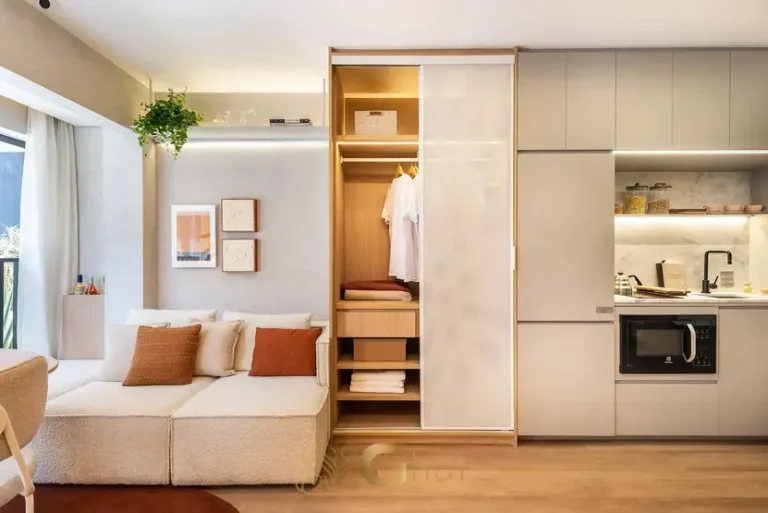 Living do studio decorado em apartamentos no bairro de Pinheiros, São Paulo