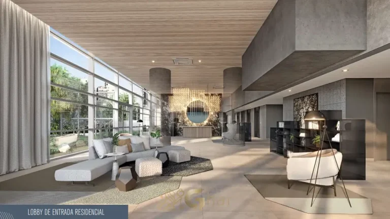 Lobby com pé-direito duplo em apartamentos em Higienópolis, São Paulo