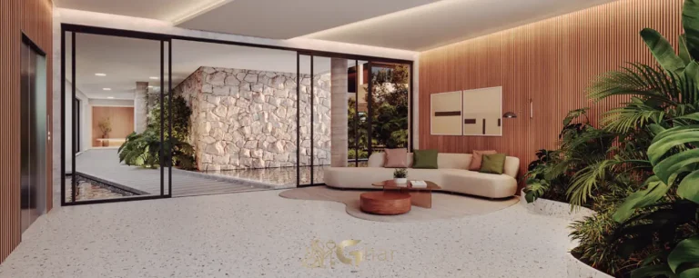 Lobby com acabamentos de alto padrão em apartamentos no bairro do Itaim Bibi, São Paulo