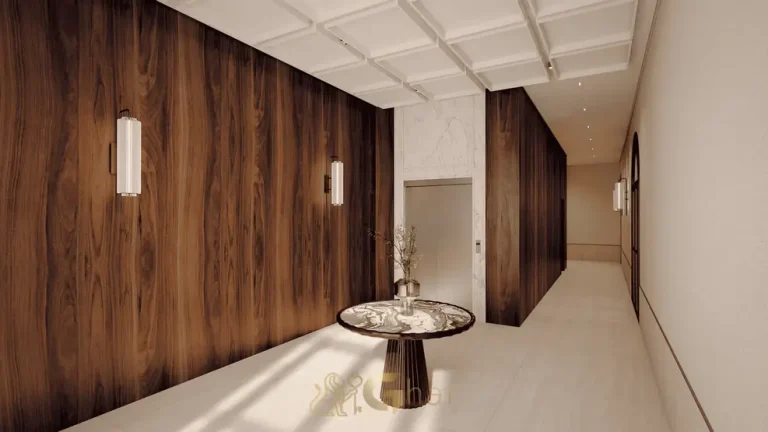 Lobby com acabamentos nobres do condomínio Château Jardin Harmonie na Cidade Jardim, São Paulo