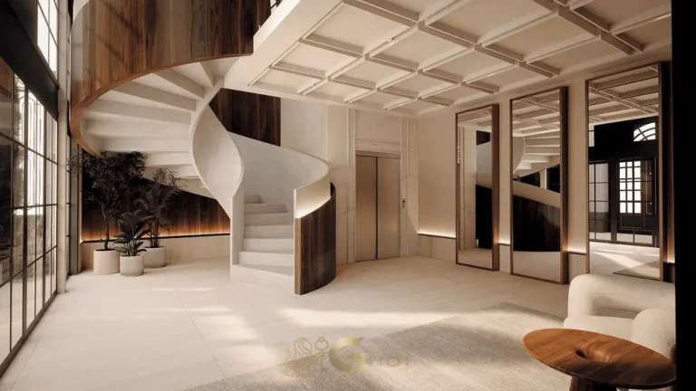 Segunda vista do lobby decorado em apartamentos na Cidade Jardim, São Paulo