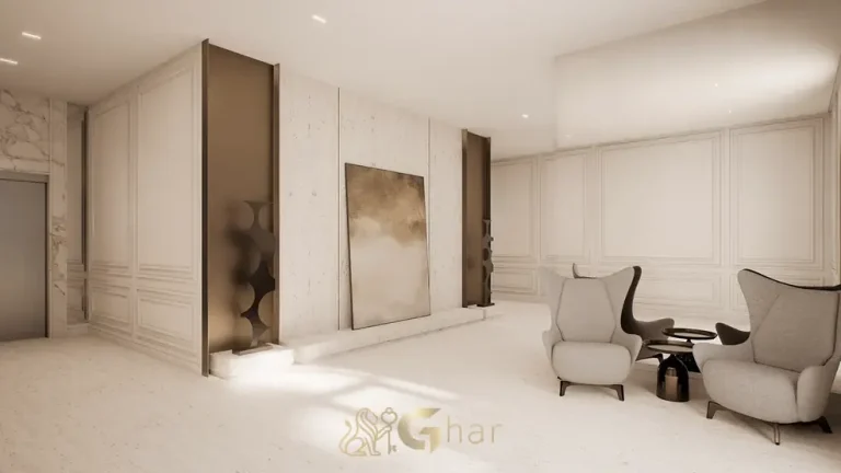 Lobby com acabamentos nobres em apartamentos na Cidade Jardim, São Paulo