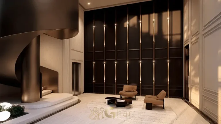 Segunda vista do lobby decorado em condomínio residencial na Cidade Jardim, na Zona Sul de São Paulo