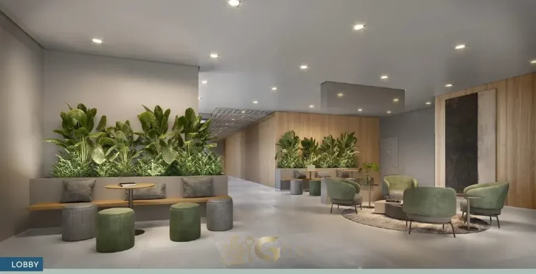 Lobby decorado com pé-direito alto em condomínio residencial na Lapa, na Zona Oeste de São Paulo
