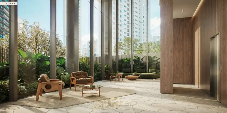 Lobby com pé-direito duplo de 8,5 m do condomínio Singular Ibirapuera no bairro Ibirapuera, São Paulo