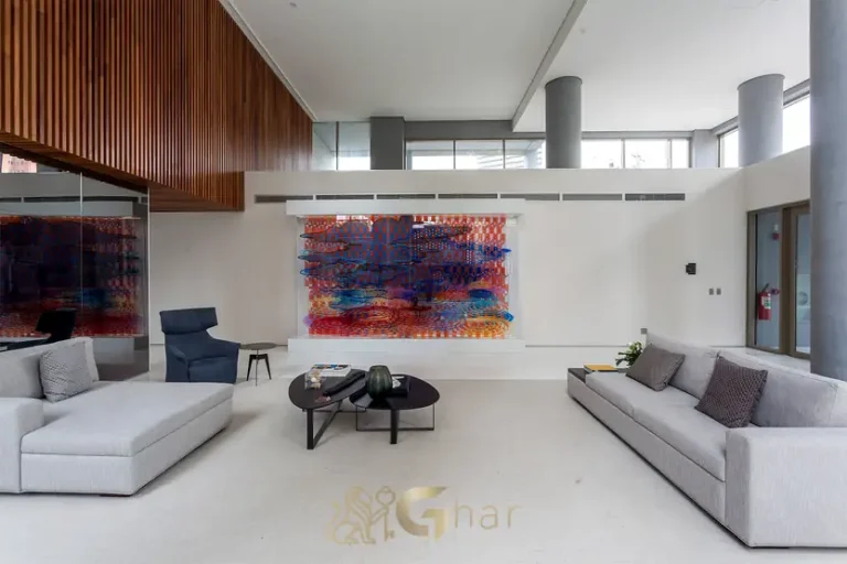 Lobby com pé direito triplo do condomínio The Frame Vila Nova Conceição no bairro da Vila Nova Conceição, São Paulo