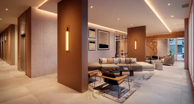 Lobby de entrada com design contemporâneo em condomínio residencial no bairro do Tatuapé, na Zona Leste de São Paulo