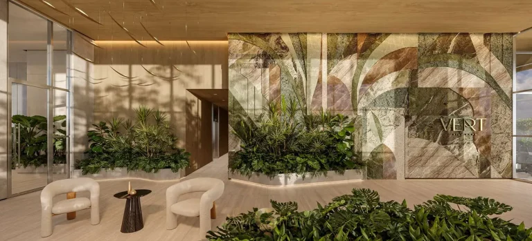 Lobby de alto padrão do condomínio Vert Vila Nova no bairro da Vila Nova Conceição, São Paulo
