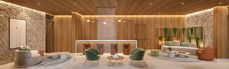 Lounge interno com decoração sofisticada do condomínio Core Klabin no bairro da Chácara Klabin, São Paulo