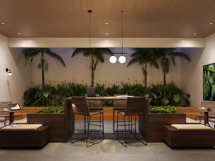 Lounge de coworking do condomínio Alya Paraíso no bairro do Paraíso, São Paulo